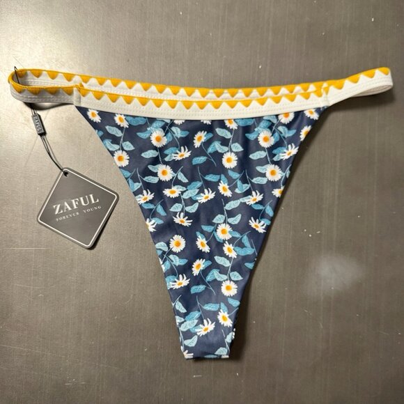 Zaful Swim String Bikini Bottom Floral Print Daisy Triangle Blue Floral Cheeky 6 - Picture 2 of 4